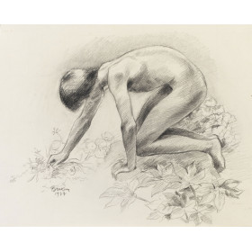 Adolescent garçon nu profil agenouillé ceuillant des fleurs