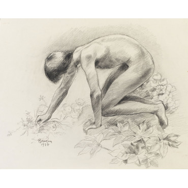 Adolescent garçon nu profil agenouillé ceuillant des fleurs