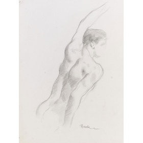 Homme nu de dos debout bras en l'air