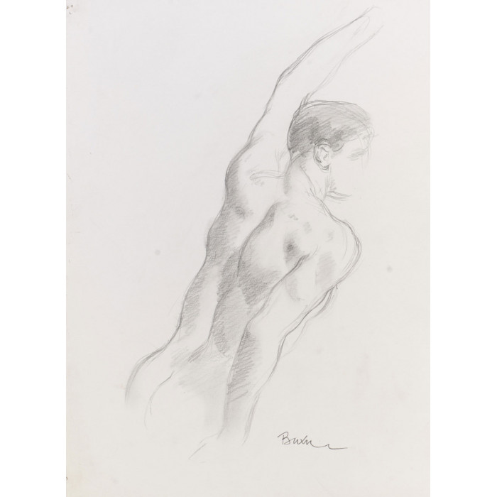 Homme nu de dos debout bras en l'air