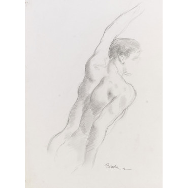 Homme nu de dos debout bras en l'air