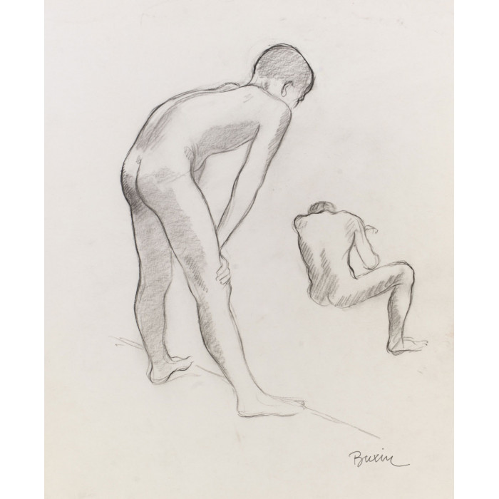 Enfant garçon nu de dos mains sur les genou