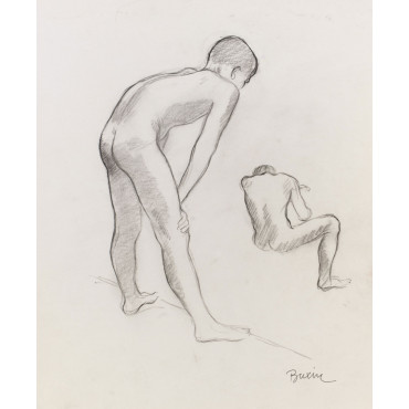 Enfant garçon nu de dos mains sur les genou