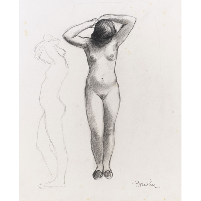 Femme nu de face debout se coiffant