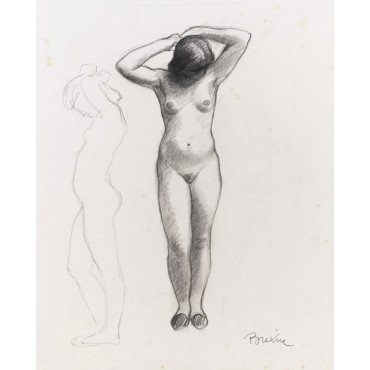 Femme nu de face debout se coiffant