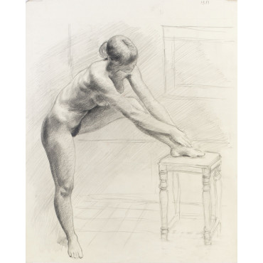 Femme nu de profil s'éssuyant le pied