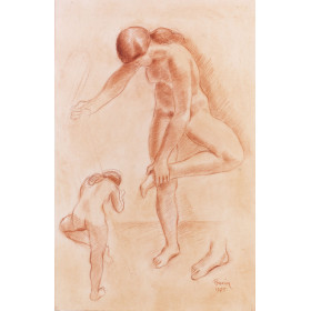 Femme nu de face debout se touchant le pied