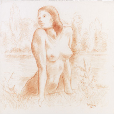 Femme nu de face baigneuse étang paysage