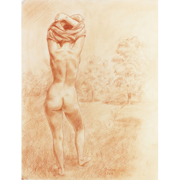 Femme nu de dos enlevant sa chemise baigneuse étang paysage