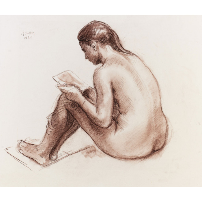 Femme nu de dos assis lisant