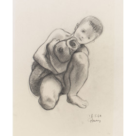 Enfant garçon nu de face tenant un poisson