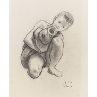 Enfant garçon nu de face tenant un poisson