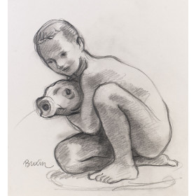 Enfant garçon nu tenant un poisson