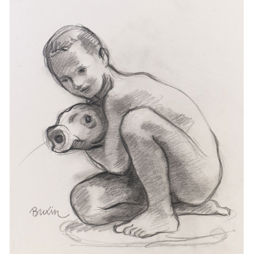 Enfant garçon nu tenant un poisson