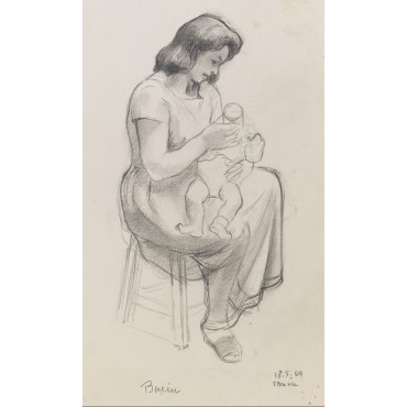 Femme habillé assis donnant le biberon