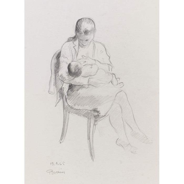 Femme assis habillé allaitant son enfant