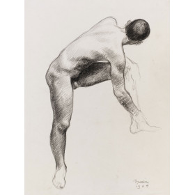 Homme nu trois quart face se touchant le pied