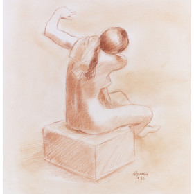 Femme nu de dos assis s'essuyant le dos