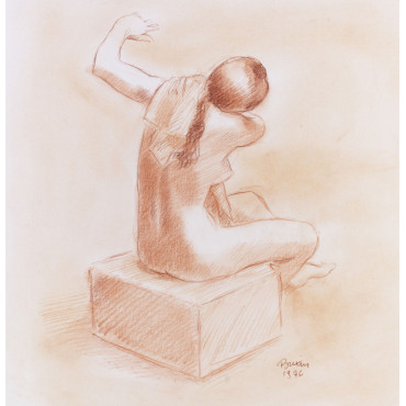 Femme nu de dos assis s'essuyant le dos