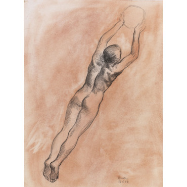 Adolescent garçon nu de dos attrapant un ballon