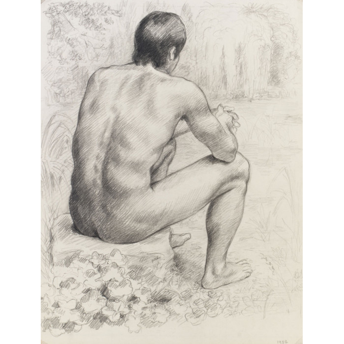 Homme nu de dos assis devant un paysage d'étang