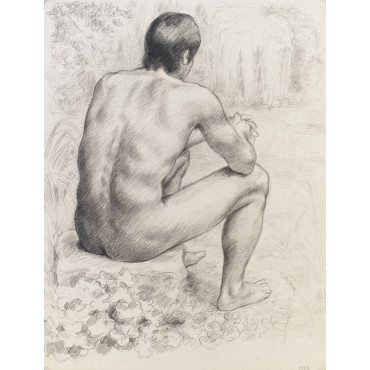 Homme nu de dos assis devant un paysage d'étang