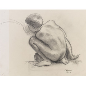 Enfant garçon nu de dos tenant un poisson