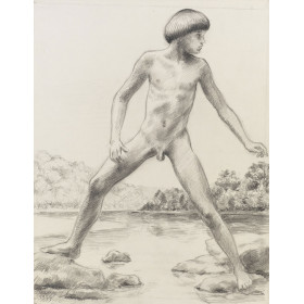 Enfant garçon nu au bord d'un étang, paysage