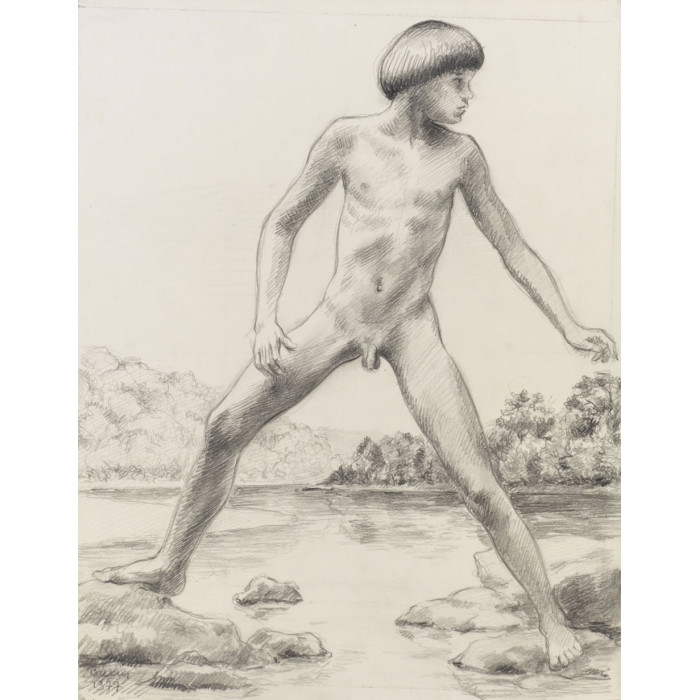 Enfant garçon nu au bord d'un étang, paysage