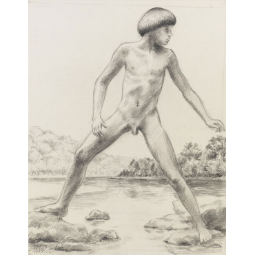 Enfant garçon nu au bord d'un étang, paysage