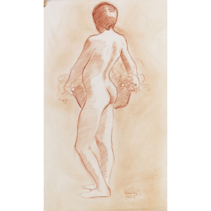 Adolescent garçon nu de dos tenant une corbeille de fleurs