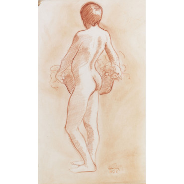 Adolescent garçon nu de dos tenant une corbeille de fleurs