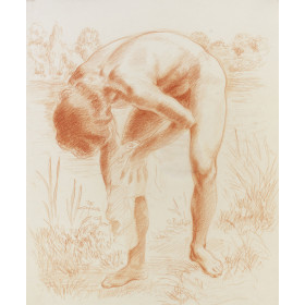 Femme nu s'essuyant le pied devant un paysage