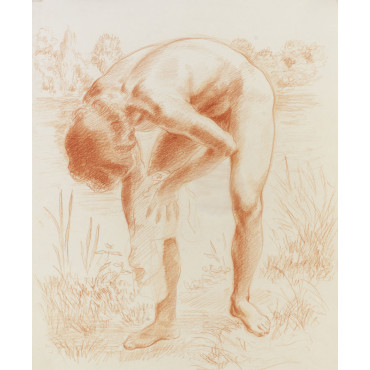 Femme nu s'essuyant le pied devant un paysage