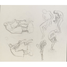 Six esquisses femme debout enfant debout homme assis s'essuyant la jambe