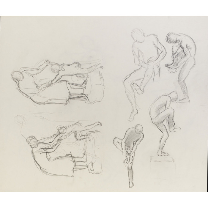 Six esquisses femme debout enfant debout homme assis s'essuyant la jambe