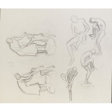 Six esquisses femme debout enfant debout homme assis s'essuyant la jambe