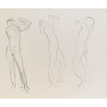 Trois esquisses femme nu debout s'essuyant l'épaule