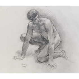 homme nu accroupi de face