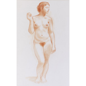 Femme nu debout de face avec pomme à la main Eve