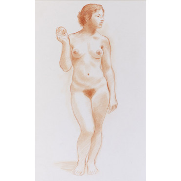 Femme nu debout de face avec pomme à la main Eve