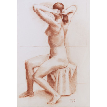 Femme nue assise de profil tenant ses cheveux