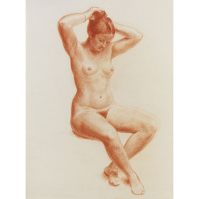 Femme nue assise se coiffant, de face