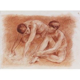 Deux adolescents nus, l'un accroupi, l'autre assis au sol