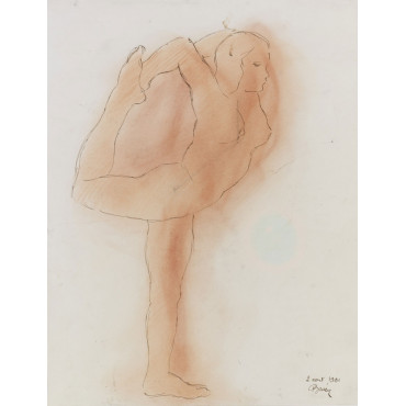 Femme nu de profil En équilibre sur un pied l'autre pied dans la main derrière la tête