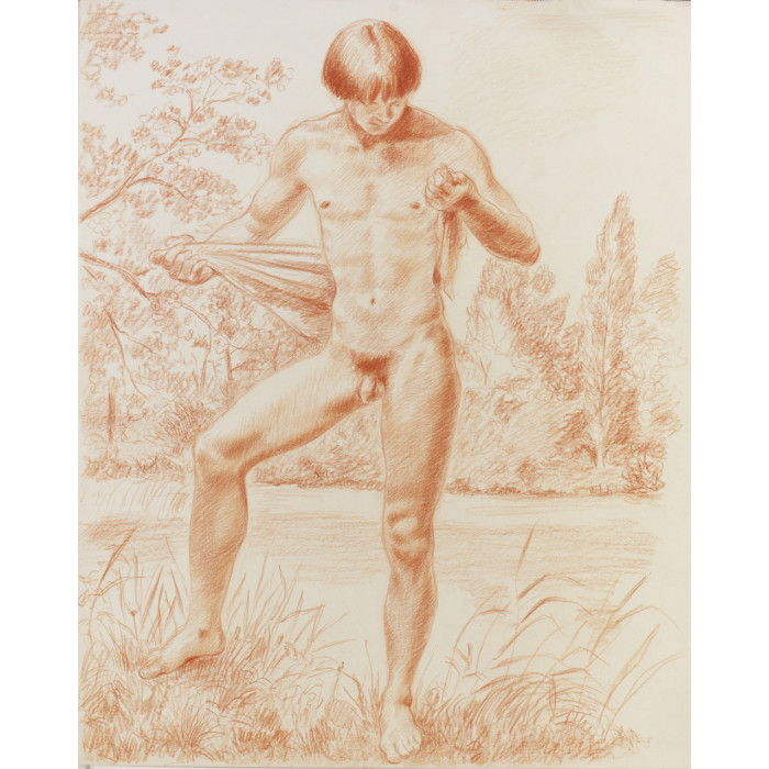 Jeune homme nu debout de face s'essuyant le dos au bord de l'eau