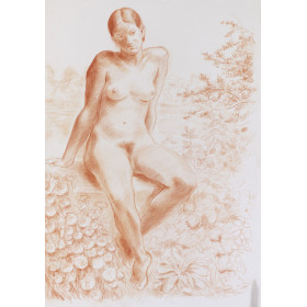 Femme nu assis de face fond paysage