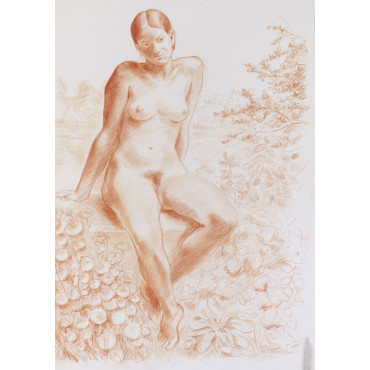 Femme nu assis de face fond paysage