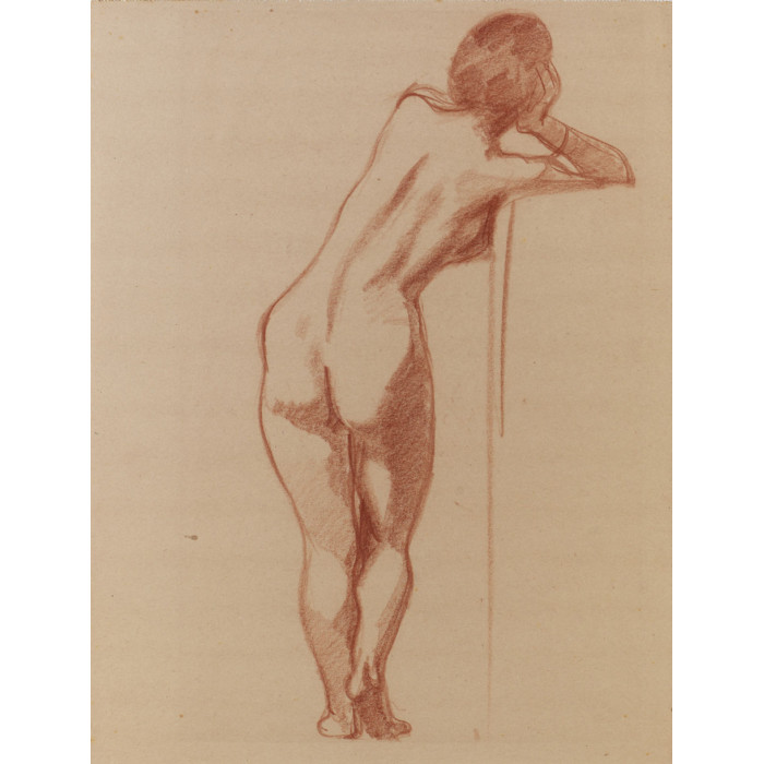 Femme nue debout de dos appuyée sur le coude droit