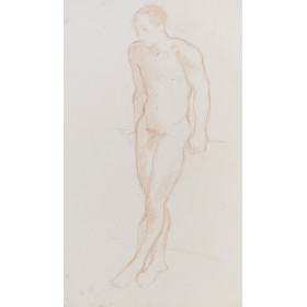 Homme nu debout de face, jambes croisées